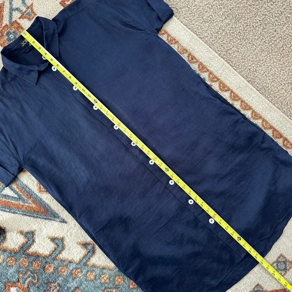 J.Crew Capitane Linen Shirt Dress Navy Blue Short Sleeve Button Front Coastal M - Picture 7 of 8